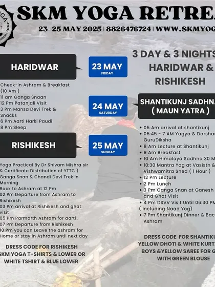 This is the detailed itinerary for our 3-day spiritual journey through Haridwar and Rishikesh. It outlines our schedule of Ganga Snan, temple treks, silent meditation, and practical yoga sessions, providing a clear structure for your sadhana.