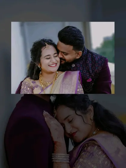 A collage capturing two intimate moments from the ring ceremony. The top frame shows a sweet kiss, while the bottom shows the bride resting her head on her groom's chest, both conveying love and trust.