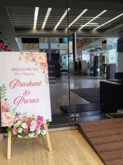 A simple welcome sign for an engagement party.