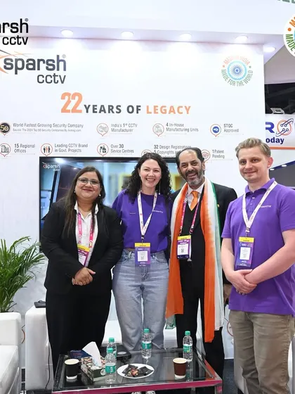 My team with international delegates at our IndiaSoft 2025 booth. These connections help me expand my global footprint.