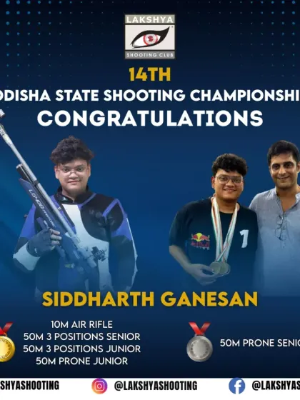Siddharth Ganesan's remarkable achievement at the 14th Odisha State Shooting Championship, where he won four gold medals and one silver across multiple rifle disciplines.