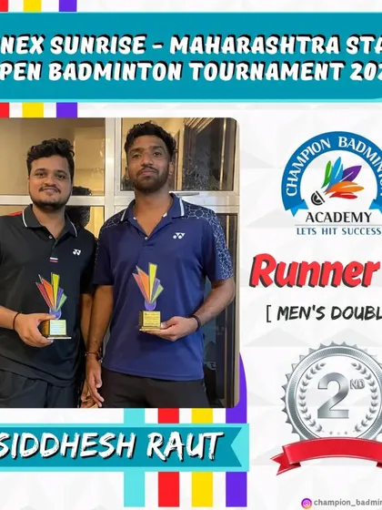 Our Head Coach, Mr. Siddhesh Raut, leads by example, winning the silver medal in the Men's Doubles category at the Maharashtra State Open Badminton Tournament.