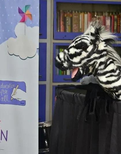A zebra puppet ready for his stage debut. I love using a wide variety of animal puppets to bring the sights and sounds of the jungle to life.