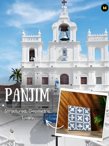 Panjim in Goa is structured, geometric, and lively. This blue and white patterned tile reflects the city's Portuguese-inspired architecture and breezy, coastal vibe.