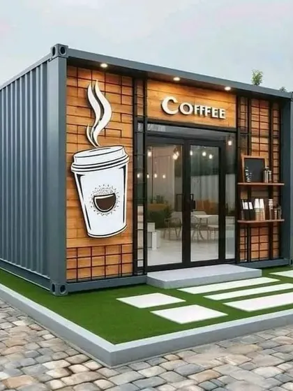 This is a design for a modular coffee shop built from a container. The wood and metal facade, along with the prominent logo, creates a modern and inviting storefront.