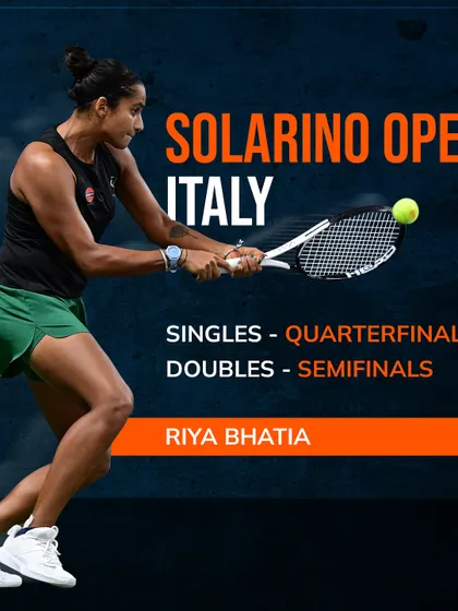 Competing on the world stage. A graphic detailing Riya Bhatia's strong performance at the Solarino Open in Italy, reaching the quarterfinals and semifinals.