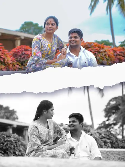 A creative pre-wedding photo using a torn paper effect to transition from a color to a black and white image. This was taken at the Bhoganandishwara Temple, a popular location for shoots.
