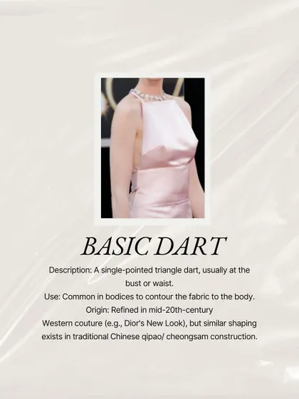 The basic dart is the original shaping tool. It's a single-pointed triangle, usually at the bust or waist, that contours fabric to your curves. It was refined in Dior's mid-century couture and is still used today.