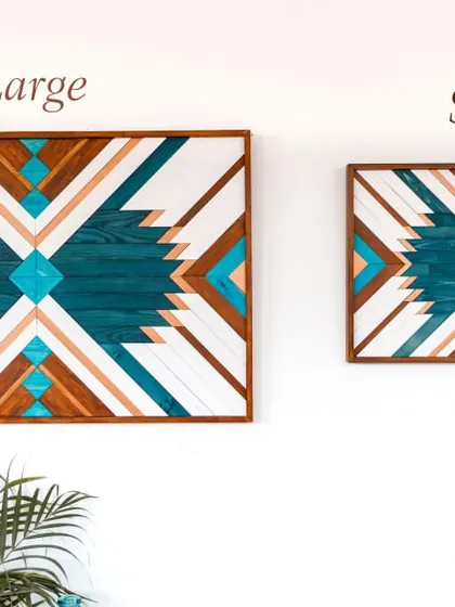 A helpful size comparison showing our geometric blue wood art in both 'Large' and 'Small' options, so you can choose the perfect fit for your wall.