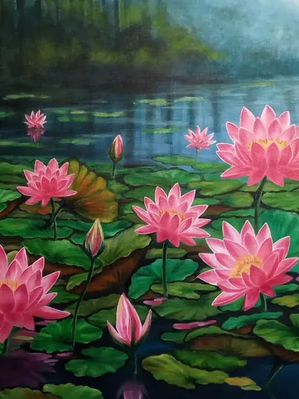 A detailed shot of the 8x3 ft lotus pond oil painting. Here you can see the delicate reflections of the flowers on the water's surface and the rich textures of the lily pads.