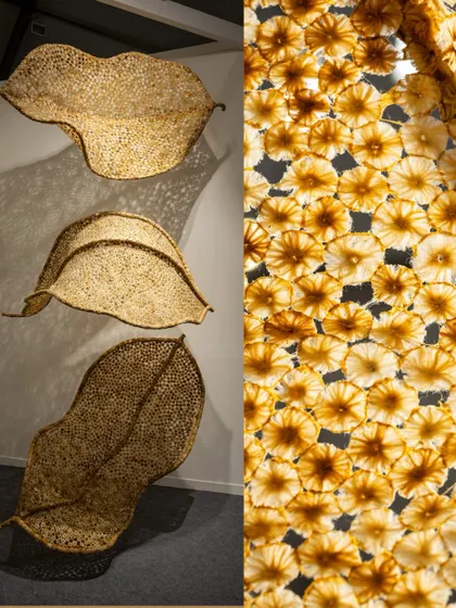 This side-by-side view contrasts the full installation with a macro detail of the material. It serves as a visual summary of the project, showing both the grand artistic vision and the humble, recycled material it is built from.
