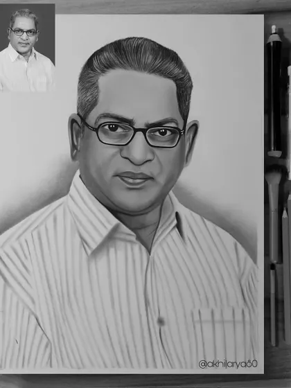 A classic headshot portrait of a man with glasses, drawn on A3 paper. The graphite sketch is clean and professional, with a focus on a realistic likeness.