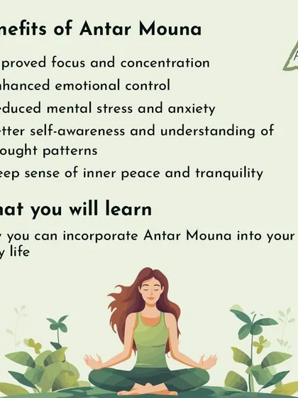 Join our Antar Mouna meditation workshop with Ankush Kumar. This graphic explains the benefits of the "Inner Silence" practice, including improved focus, emotional control, and a deep sense of peace.