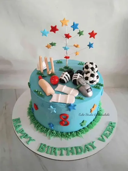 For the boy who loves both football and cricket, I put both sports on the same cake. This design features a mix of bats, balls, and wickets.
