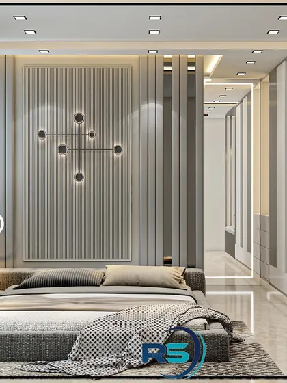 A minimalist bedroom design concept where clean lines and a calm color palette dominate. The low-profile platform bed and vertical slat partitions create a sense of openness, leading into a spacious walk-in wardrobe area.