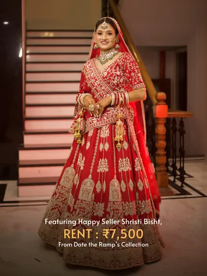 Me, calculating my lehenga's ROI at the bidaai. This happy seller, Shristi Bisht, is savvy and stylish, earning from her beautiful bridal lehenga.
