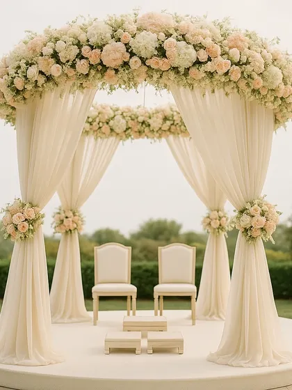 An elegant and classic mandap design featuring a circular floral canopy of white and peach roses. The soft, flowing drapes create a romantic and dreamy atmosphere for an outdoor ceremony.