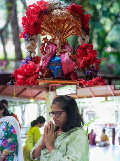 A collage showing the Pratapa Ganapati temple at our Gurukul campus. A devotee is seen in prayer, seeking blessings for success and perseverance.