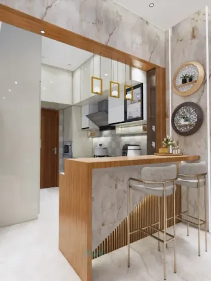 This 3D render shows a kitchen with a breakfast bar that acts as a stylish partition from the dining area. The design uses a mix of wood and marble finishes for a luxurious feel.