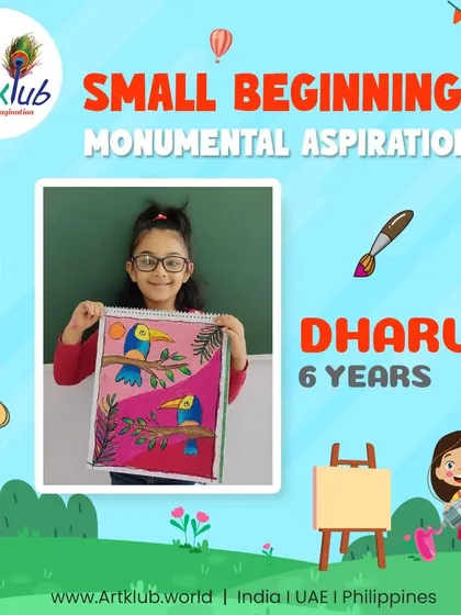 Six-year-old Dharui's painting of two colorful birds on a branch is a monumental aspiration from a small beginning.