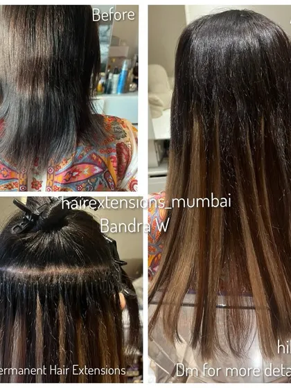 A collage showing a permanent hair extension transformation with added highlights. You can see the before, the application, and the stylish, multi-tonal result.