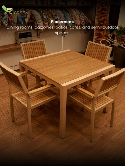 This wooden dining set is versatile enough for dining rooms, balconies, patios, and even cafes. The clean lines and natural wood-look finish make it a timeless choice for any semi-outdoor space.