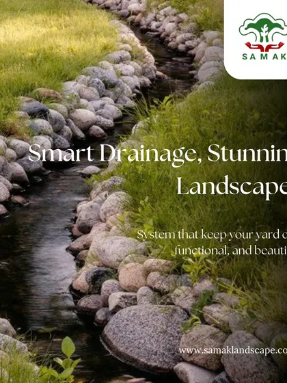 This image highlights our smart drainage solutions, which are both functional and beautiful. A dry creek bed made of river stones effectively manages water runoff while adding a natural, rustic element to the landscape.