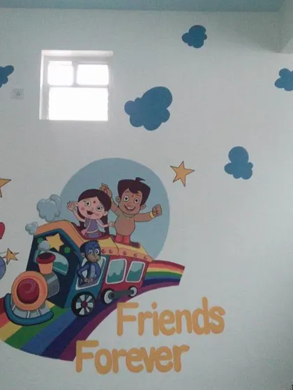 This hand-painted mural with a 'Friends Forever' theme is perfect for a young child's bedroom or a playschool. The bright colors and cheerful cartoon characters create a happy and welcoming atmosphere.