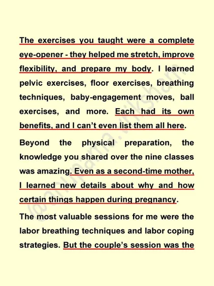This second-time mother joined my classes hoping for a normal delivery after a C-section. She found the exercises, labor coping strategies, and the couple's session to be an eye-opener.