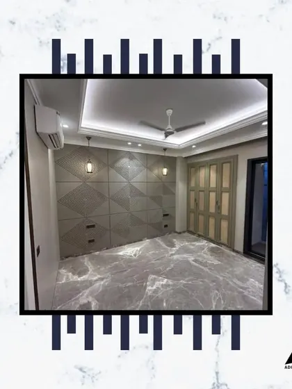 An empty room full of possibilities. This space at C-926 features stunning grey marble flooring, geometric wall patterns, and elegant folding doors, ready to become a sophisticated bedroom.