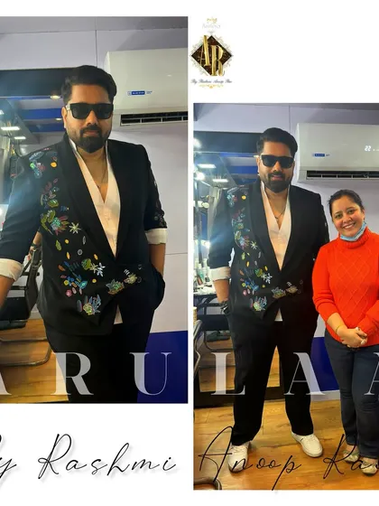 This black blazer for Tharun Sudhir was a fun project. We hand-painted a vibrant, abstract floral design on it, making a standard black blazer into a unique statement piece for his appearance on the TV show 'Mahanati'.