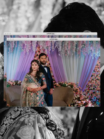 A creative, layered edit of the couple's reception stage portrait.