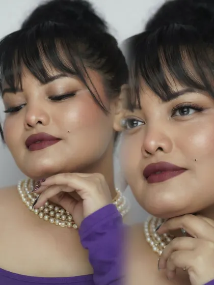 A collage showing the look from different angles, highlighting the flawless base and the rich lip color. Self-grooming is about feeling good from every perspective.