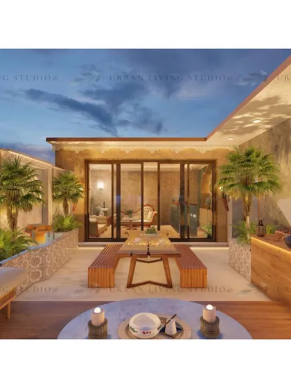 This render shows the dining and seating area of the Moroccan-themed terrace. The design uses natural materials and an open layout to connect the different zones, with the water feature as a central element.
