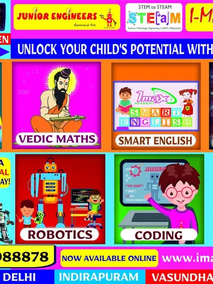 This flyer highlights our programs like Abacus, Vedic Maths, and Robotics, with a call to book a free trial class at our centers.