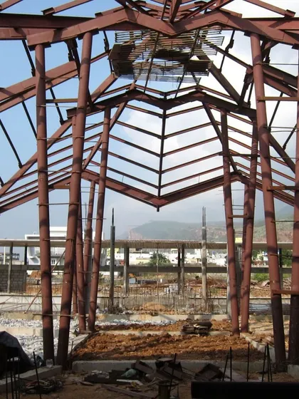 The internal steel structure of the Lotus Cafe, resembling the ribs of a great skeleton before being enclosed.