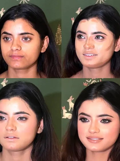 Always trust the process. This four-part image shows the key steps of a transformation, from bare skin to contouring to the final look.