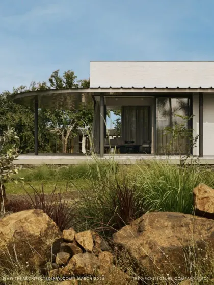 Another shot from our feature in The Architect's Diary, showing how the low-lying form of Pavilion House sits gently in the landscape, surrounded by wild grasses and rocks.