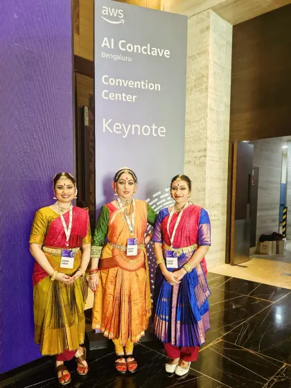 My dancers and I at the AWS AI Conclave in Bengaluru. It was an exhilarating experience to bring the classical art of Bharatanatyam to a stage dedicated to the future of technology.