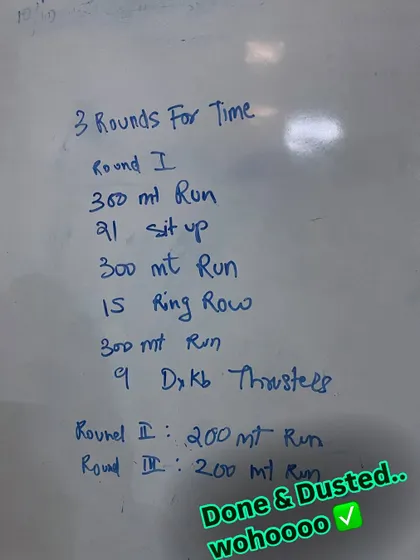 The workout that got me running again. A mix of 300m runs, sit ups, ring rows, and thrusters. This shows how I program varied workouts to build back functional capacity safely.