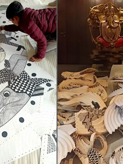 A behind-the-scenes look at the creation of the Gond art origami piece. On the left, the hand-painted patterns are laid out, and on the right, the folded modules are gathered before installation, with a Ganesha sculpture blessing the process.