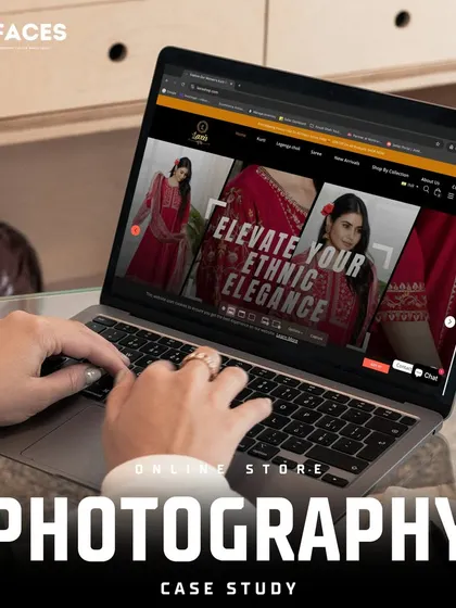 A website banner for an ethnic wear brand is shown on the laptop, using our photography to create an elegant brand statement.