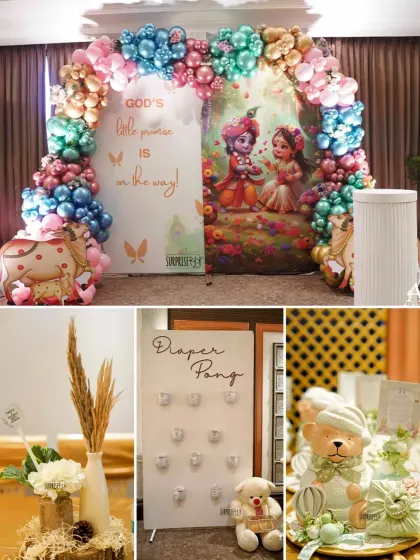 It's all in the details. For this Krishna-themed Godh Bharai, we included fun elements like a "Diaper Pong" game station, beautiful table centerpieces, and adorable teddy bear party favors.