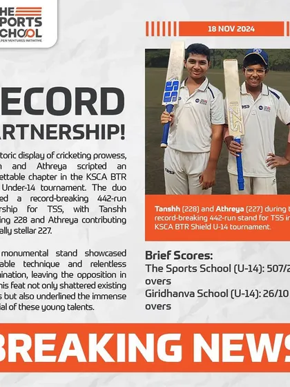 Breaking News: A record-breaking 442-run partnership between our U-14 players Tanshh and Athreya in a KSCA tournament, showcasing their immense talent.