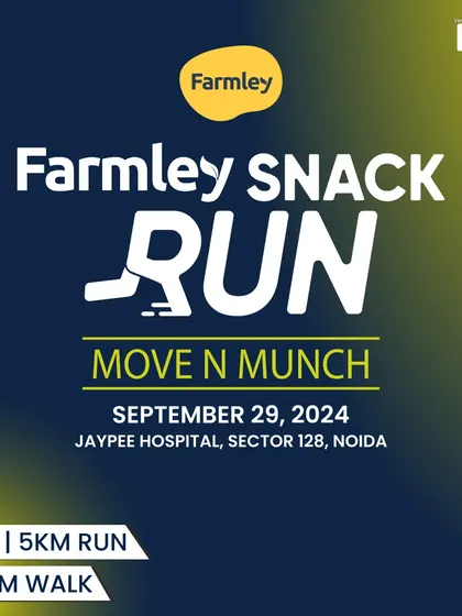 Another promotional poster for the Farmley Snack Run, highlighting the event date and location at Jaypee Hospital, Noida.