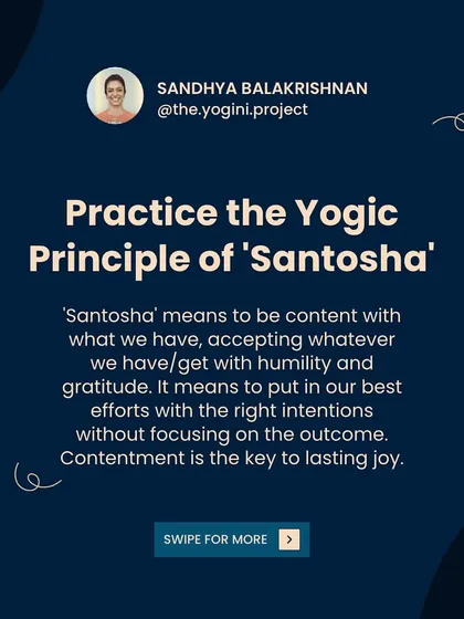 A carousel post on how to stay happy every day by practicing the yogic principle of 'Santosha' (contentment) and other simple deeds.