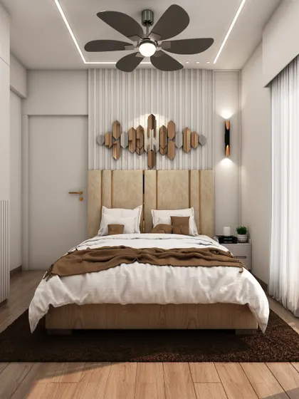 A modern bedroom design with a unique headboard featuring an abstract wooden art piece. The room is designed with a neutral color palette for a calming effect.