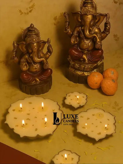 A traditional setup with my multi-wick urli candles placed before Ganesha idols, perfect for creating a spiritual and festive ambiance during Diwali puja.