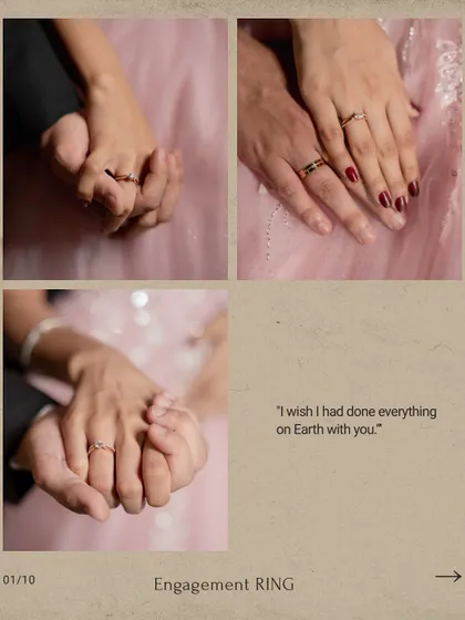 A collage focusing on the hands and rings of the newly engaged couple, telling the story of their commitment.