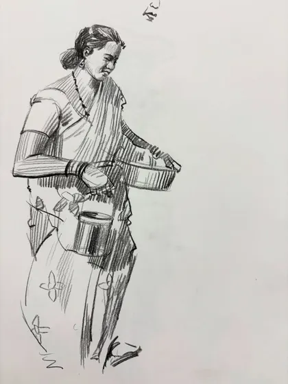 A sketch of a woman carrying baskets, focusing on posture and balance.